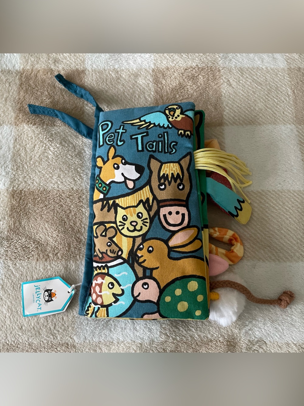 NWT Jellycat Blue & Yellow Pet Tails Soft Learning Book 8x5 inches